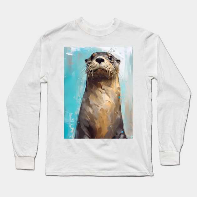 Otter Portrait on a Blue Toned Water Background Long Sleeve T-Shirt by designs4days